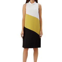 Model Measurements: 5'9" Height, 33" Bust, 26" Waist, 36" Hips, Wearing A Size Uk 8/Us 4 Mock Neck Sleeveless Front And Back Asymmetric Color Blocking Back Hook-And-Eye Keyhole, Concealed Back Zip Closure Shift Silhouette Lined Self & Lining: 100% Polyester Machine Wash Elegant Yellow A-line Sleeveless Dress, Chic Yellow Color Block Dress, Elegant Yellow Sleeveless Maxi Dress, Chic Yellow Sleeveless Dress, Chic Mustard Sleeveless Mini Dress, Chic Yellow Knee-length Sleeveless Dress, Spring Sleeveless Color Block Dress, Multicolor Sleeveless Workwear Dresses, Multicolor Sleeveless Work Dress