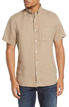 Breezy linen construction means easy appeal for a versatile shirt topped with a smart button-down collar. 29" length; 43" chest (size Medium) Front button closure Button-down collar Short sleeves Chest patch pocket 100% linen Machine wash, tumble dry Imported Men's Clothing | Nordstrom Solid Linen Short Sleeve Button-Down Shirt Clothing Nordstrom, Linen Short, Button Down Collar, Chest Size, Workout Shorts, Linen Fabric, Patch Pocket, Men's Clothing, Casual Button Down Shirt