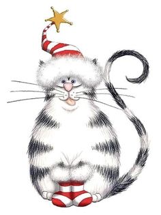 a drawing of a cat wearing a christmas hat and socks with a star on top