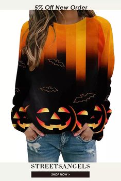 Halloween Print Women's Casual Round Neck Top Sweatshirt Shirt Outfit Ideas, Top Halloween Costumes, Shirts Outfit, Comfortable Hoodies, Halloween Graphic, Round Neck Top, Tee Shirt Designs, Orange Fashion, Round Neck Tops