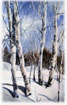 a painting of some trees in the snow