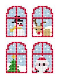 four cross - stitch christmas windows with santa claus and snowman