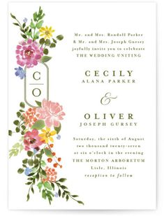 a wedding card with flowers on the front and bottom, in pink, yellow and green