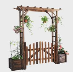 a wooden arbor with potted plants on it