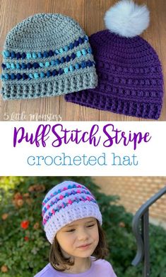 two crocheted hats are shown with text that reads puff stitch striped hat