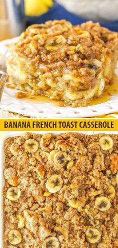 banana french toast casserole on a white plate with bananas in the background and below