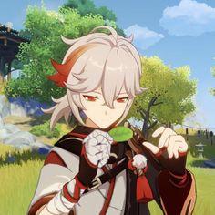 an anime character with white hair and red eyes holding a green leaf in his hand