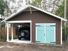 a car is parked in the garage with its door open