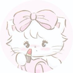 a drawing of a cat with a lipstick in it's mouth and a bow on its head