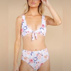 Size Medium Top & Bottom. Tie Front Top, Pink Rose Floral & Blue Stripe Print. Hygienic Liner Still In Place. Feminine Swimwear For Spring Vacation, Feminine Floral Print Swimwear For Beach, Feminine Printed Swimwear For Vacation, Feminine Printed Swimwear For The Beach, Feminine Printed Swimwear For Beach, Feminine Printed Swimwear For Spring, Feminine Printed Swimwear For Poolside, Red Dress Women, White Long Sleeve Dress