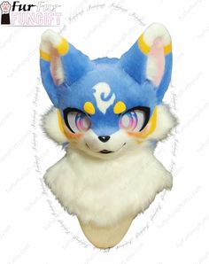 a blue and white animal mask with yellow horns on it's head, sitting in front of a white background