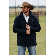 From the ranch and beyond, this jacket is the ultimate choice in stylish outerwear. Style number: DWJ2008003 Navy wool ranch jacket 3/4 length Lined Features adjustable button cuffs Logo hardware and logo embroidery Southern Manners, Sport Coat Outfit, The Last Ride, Wool Jacket Men, Character Clothes, Western Outfits Men, Cowboy Aesthetic, Rugged Men, Cowboy Outfits