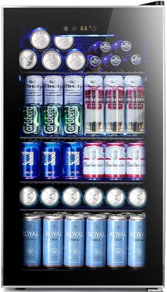 an image of a vending machine with sodas and cans in it's display