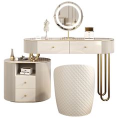 a white dressing table with two stools and a round mirror