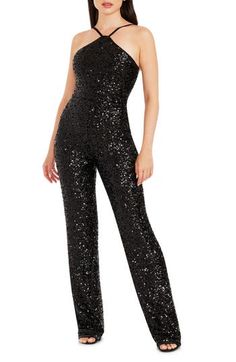 Mesmerizing sequins sparkle atop a statuesque jumpsuit styled with a slender halter neckline and adjustable straps. 56" length (size Small) Halter neck Adjustable straps 95% polyester, 5% spandex Hand wash, dry flat Imported Colour Names List, Sparkly Jumpsuit, Coverall Jumpsuit, Women Jumpsuit, Sequin Halter, Black Spaghetti Strap, Halter Jumpsuit, Christmas Outfits, Jumpsuit Party