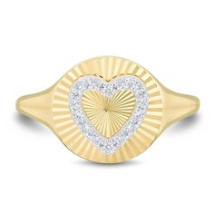 Who wouldn't love this charming diamond heart sunburst signet ring? 10K gold The signet style ring features a round center plate with a dimensional sunburst design A diamond-ined heart centres the design 1/10 ct. t.w. of diamonds Valentine's Day Round Yellow Gold Diamond Ring, Valentine's Day Fine Jewelry Signet Ring, 14k Stamped Diamond Heart Ring, 14k Diamond Heart Ring, Polished Finish Heart Ring, 14k Gold Heart Ring, Diamond Heart, Signet Ring, 10k Gold