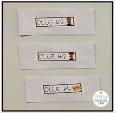 three pieces of paper with words on them that say clue 4 and 3, which are in