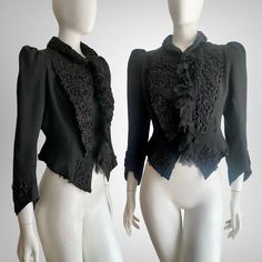 Beautiful antique Edwardian black silk jacket. The jacket features gorgeous black on black seed bead appliques on the accentuated lapel design. It has a black beaded collar and cuffs with a black lace center front ruffle.  The jacket is fitted with an hourglass silhouette and puff shoulders, a nipped in waist and a beaded pointed peplum.  Fully lined in black silk. Hook and eye center front closure.  SIZE: Medium  Bust: 36" Waist: 30" Shoulder seam to shoulder seam: 13.5" Length: 21.5" CONDITION Victorian Long Sleeve Evening Outerwear, Vintage Black Embellished Outerwear, Embroidered Fitted Evening Outerwear, Fitted Embroidered Evening Outerwear, Embroidered Fitted Outerwear For Evening, Monster Fashion, Lapel Design, Eye Center, Purple Coat