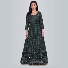 Introducing our Sequin And Resham work Anarkali Gown Dress in green! This gorgeous gown is perfect for making a statement at any special occasion. The sequin work adds a touch of sparkle, while the beautiful floral embroidery provides a feminine touch. The flowing silhouette is flattering and comfortable, sure to make you feel like a princess on your special day. Don't miss out on this show-stopping dress - order now! #chirosbyjigyasa #indianclothingusa Embellished Green Dress For Navratri, Green Georgette Gown With Cutdana Detail, Green Georgette Gown With Cutdana, Bollywood Style Embellished Green Anarkali Set, Green Cutdana Georgette Gown, Green Embellished Floor-length Kurta, Embellished Green Georgette Anarkali Set, Embellished Green Anarkali Set For Eid, Eid Embellished Green Anarkali Set