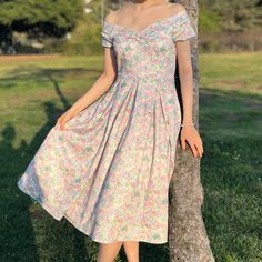 An Awesome, Dinosaur-Print, Pastel Off-Shoulder Swing Dress, From British Vintage Brand Dolly & Dotty! Nwt, Worn For A Few Minutes To Take Some Pictures; Just Selling Because It’s Unfortunately A Bit Big On Me. Uk Size 8/Us Size 4, 13” Across The Waist, 16.5” Pit-To-Pit. Super Cute And Unique! Well-Made, From A Nice Thick Material - I’m Wearing It With A Petticoat In The Photo, But It Doesn’t Really Need One. And It Has Pockets!! Perfect For Museums, Teachers, Or Just The Average Tuesday For A N Housewife Dress, Vintage Branding, Novelty Print, Dinosaur Print, Petticoat, Swing Dress, Colorful Dresses, Off Shoulder, Super Cute