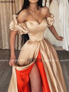 Buy Sexy Long Slit Orange Gold Prom Dress With Off Shoulder Sweetheart Neck id#TZ1337 at SheProm. SheProm.com is an online store with thousands of formal dresses. Shop 100% authentic prom dresses with free standard shipping. Satin Long Prom Dress, Champagne Evening Dress, Split Prom Dresses, Cheap Prom Dresses Long, A Line Evening Dress, Floor Length Prom Dresses, Sweetheart Prom Dress, Prom Dresses With Sleeves, Cheap Prom Dresses