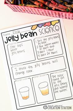 the jelly bean science activity for kids is shown next to some crayon markers