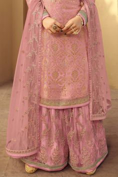 Pastel Pink Designer Embroidered Jacquard Wedding Palazzo Suit-Saira's Boutique Wedding Palazzo, Pastel Pink Fabric, Chicken Starter, Punjabi Dress Design, Summer Fashion Dresses Casual, Wedding Reception Party, Starter Recipes, Engagement Congratulations, Pakistani Clothes Online