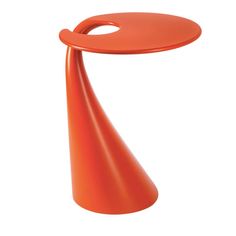 an orange table sitting on top of a white floor next to a red object with a curved handle