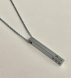 "This listing is for ONE 3D stainless steel necklace. It is available in stainless steel, or rose gold or gold plated stainless steel, with a coordinating chain. The chain is available in 18\", 20\", 22\" or 24\". I can engrave each side of the bar( 5x40mm) with a name, date, coordinates, short quote or message, Bible verse reference, etc. In the personalization box, you will enter what to engrave on each side of the bar. Front Left Right Back For example: Front NLS Left I Love You Right Lauryn Stainless Steel Pendant Necklace For Personalized Gifts, Adjustable Stainless Steel Necklace For Mother's Day, Personalized Adjustable Stainless Steel Necklace, Minimalist Stainless Steel Jewelry For Mother's Day, Custom Name Stainless Steel Pendant Jewelry, Personalized Stainless Steel Jewelry As Gift For Her, Custom Name Stainless Steel Pendant, Personalized Stainless Steel Pendant Name Necklace, Engraved Stainless Steel Necklace As A Gift For Her