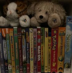 a stuffed animal sitting on top of a book shelf filled with children's books