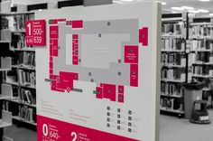 a large sign in the middle of a library with bookshelves and shelves full of books