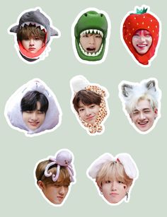 six stickers with the faces of bts members wearing animal hats and headgear