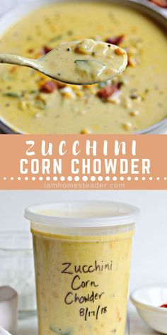 a bowl of zucchini corn chowder with a spoon full of soup in it