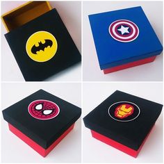 four different boxes with superhero logos on them