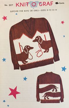 an advertisement for knit to craft featuring two sweaters with dogs on them and stars in the background