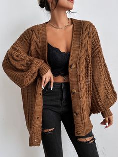 Two Piece Loungewear, Shoulder Cable, Áo Len Cardigan, Cardigan Outfits, Bishop Sleeve, Cable Knit Cardigan, 가을 패션, Womens Clothing Sizes, Outfits Casuales