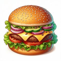 a large hamburger with lettuce, tomato and onion on it's bun