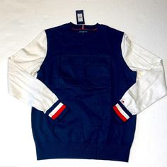 Bnwt Color Block Sleeves 80% Cotton 20% Nylon Tommy Hilfiger Navy Sporty Tops, Navy Sporty Top With Pockets, Tommy Hilfiger Navy Winter Tops, Tommy Hilfiger Sweater Men, Tommy Hilfiger Crewneck, Green Knit Sweater, Mock Turtleneck Sweater, Pullover Sweater Men, Tommy Hilfiger Vintage