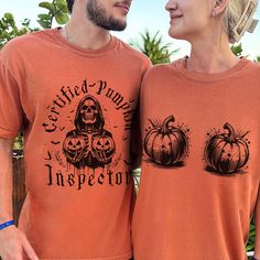 Comfort Colors Retro Halloween Couple Shirts, Matching Skeleton Shirt, Cute Pumpkin Shirt, Spooky Season Shirt, Couple Shirts,  Halloween Shirt For Couple, Spooky Shirt Comfort Colors introduces the "Comfort Colors 1717" garment-dyed t-shirt; a fully customizable tee made 100% with ring-spun cotton. The soft-washed, garment-dyed fabric brings extra coziness to your wardrobe while the relaxed fit makes it an excellent daily choice. The double-needle stitching throughout the tee makes it highly du Halloween Shirts Couples, Cotton Halloween Themed Tops, Themed Cotton Tops For Halloween, Spooky Cotton Top For Halloween, Spooky Printed Tops For Halloween, Halloween Themed Cotton Tops, Pre-shrunk Themed Tops For Halloween, Funny Cotton Tops For Halloween, Halloween Cotton Tops With Custom Print