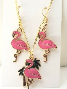 Flamingo and Palm Tree Necklace and Earring Set Gold Tone Metal Palm Tree Necklace, Flamingo Earrings, Tree Necklace, Necklace And Earring Set, Drawstring Pouch, Pink Flamingo, Earring Hooks, Copper Earrings, Pink Flamingos