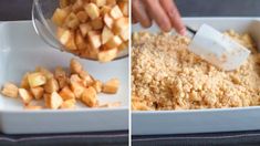 the process of making apple crisp is shown in two separate pictures, one being cut into cubes