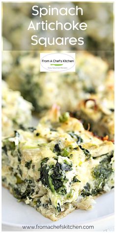 spinach artichoke squares on a plate with text overlay that reads spinach artichoke squares from a chef's kitchen