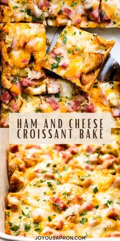 ham and cheese croissant bake in a casserole dish