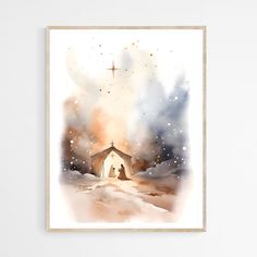 a watercolor painting of a church in the snow with a star above it and a sky filled with clouds