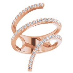 a rose gold ring with two rows of diamonds on the side and an open band