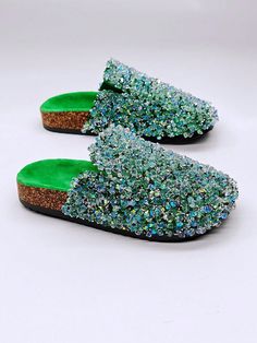 Green Glamorous Collar   Plain Mules Embellished   Women Shoes Green Flat Heel Party Sandals, Green Round Toe Mules For Beach, Green Round Toe Mules For The Beach, Green Slip-on Sandals For Party, Green Round Toe Mules For Party, Trendy Green Mules For Party, Closed Toe Green Mules For Beach, Green Closed Toe Mules For Beach, Closed Toe Green Mules For The Beach