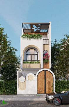 a car is parked in front of a building with an open door and flower boxes on the balcony