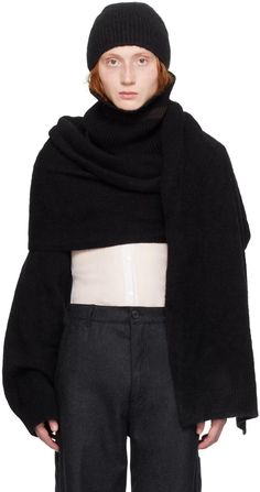 Dries Van Noten: Black Funnel Neck Scarf | SSENSE Black Wool Scarves For Fall, Black Wrap, Black Scarf, Neck Scarf, Dries Van Noten, Funnel Neck, Fit Inspo, Neck Scarves, Knit Cuff