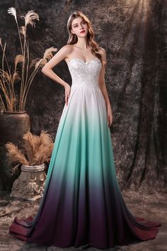 A Line Strapless Sleeveless Appliques Ombre Silk Like Satin Sweep Train Prom Dresses Sweep Train Prom Dress, Prom Dresses With Pockets, Train Party, Corset Dress Prom, Lace Prom Dress, Green Ombre, Satin Prom Dress, Lace Wedding Dress, Formal Dresses Prom