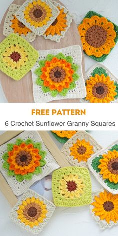 crochet sunflower granny squares are arranged on a table